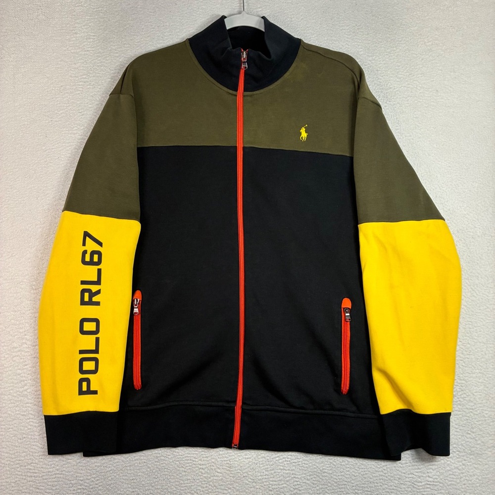 Polo Ralph Lauren Track Jacket Men XL Black Yellow Colorblock Full Zip RL67